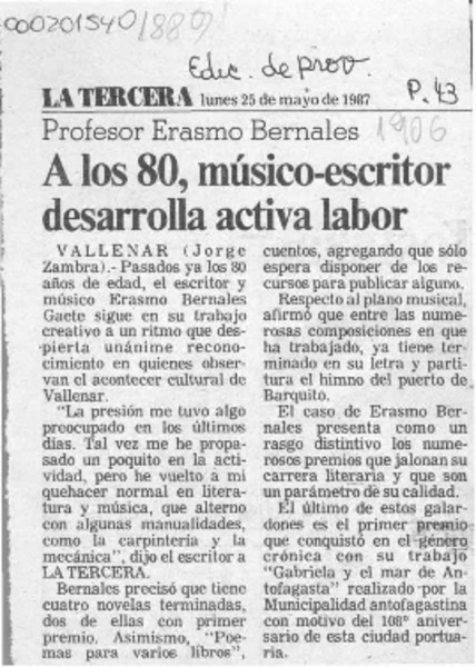A los 80, músico-escritor desarrolla activa labor  [artículo] Jorge Zambra.