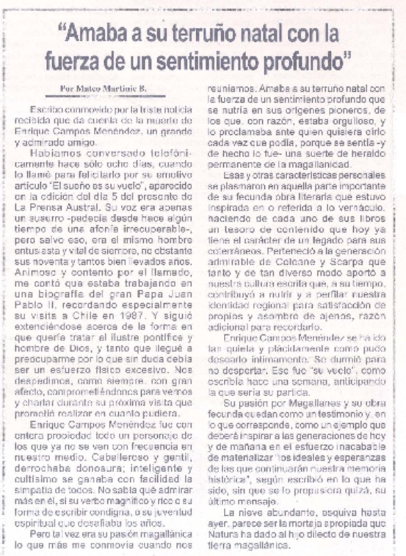 Amaba a su terruño natal con la fuerza de un sentimiento profundo  [artículo] Mateo Martinic B.