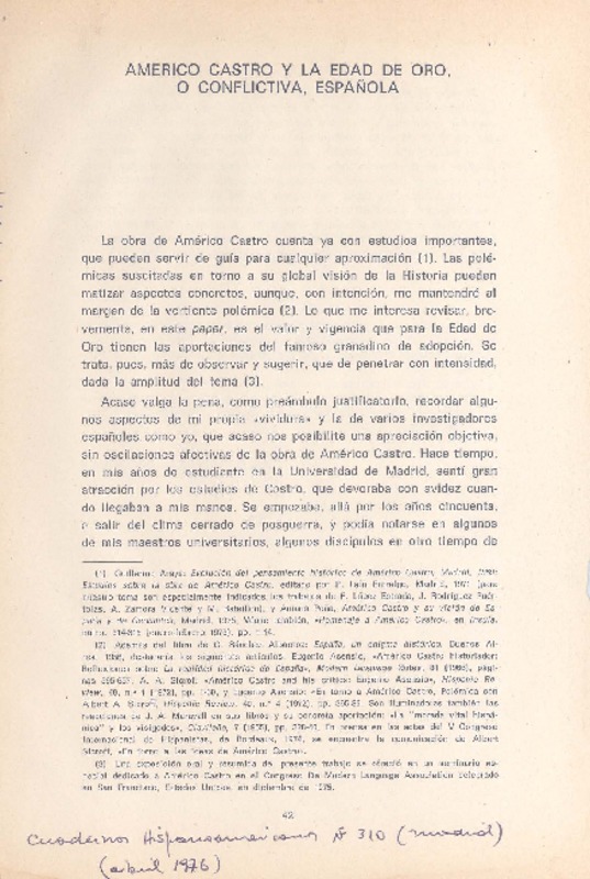 Américo Castro y la edad de oro, o conflictiva, española  [artículo] Alberto Porqueras-Mayo.
