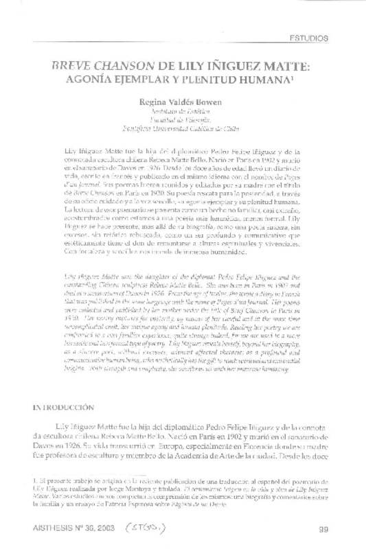 Breve chanson de Lily Iñiguez Matte: agonía ejemplar y plenitud humana1  [artículo] Regina Valdés Bowen.