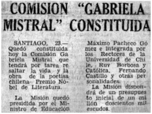 Comisión "Gabriela Mistral" constituida.