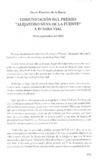 Comunicación del Premio "Alejandro Silva de la Fuente" a Da. Sara Vial