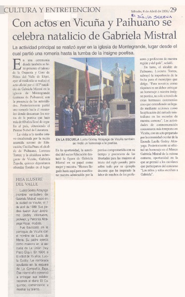Con actos en Vicuña y Paihuano se celebra natalicio de Gabriela Mistral