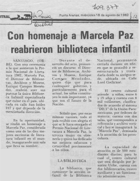 Con homenaje a Marcela Paz reabrieron biblioteca infantil.
