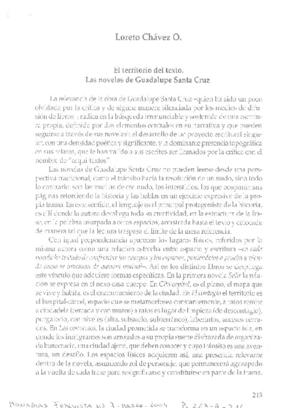 El territorio del texto. Las novelas de Guadalupe Santa Cruz  [artículo] Loreto Chávez O.