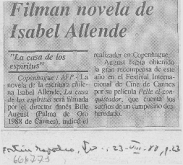 Filman novela de Isabel Allende.
