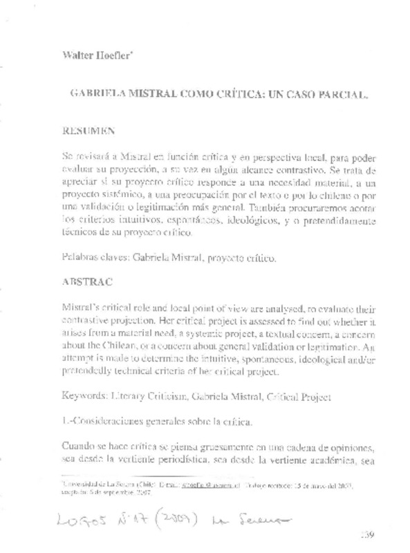 Gabriela Mistral como crítica  [artículo] Walter Hoefler.