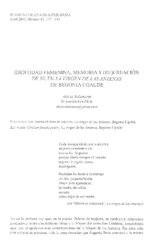 Identidad femenina, memoria y (re)creación de sí, en La virgen de las antenas de Bebonia Ugalde  [artículo] Alicia Salomone.