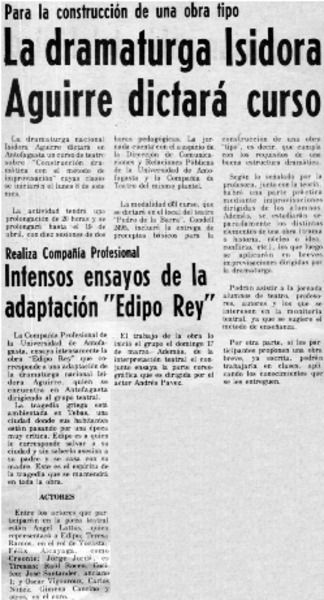 La dramaturga Isidora Aguirre dictará curso.