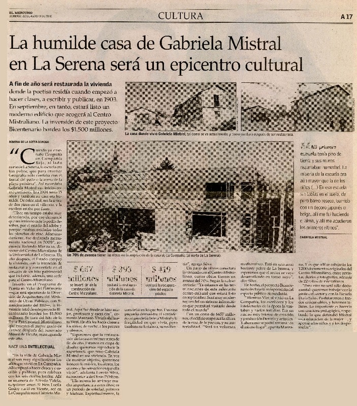 La humilde casa de Gabriela Mistral en La Serena será un epicentro cultural  [artículo] Romina de la Sotta Donoso.