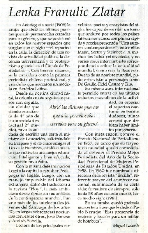 Lenka Franulic Zlatar  [artículo] Miguel Laborde.