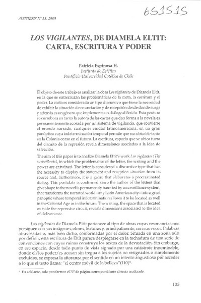 Los vigilantes, Diamela Eltit, carta, escritura y poder  <artículo> Patricia Espinosa H.
