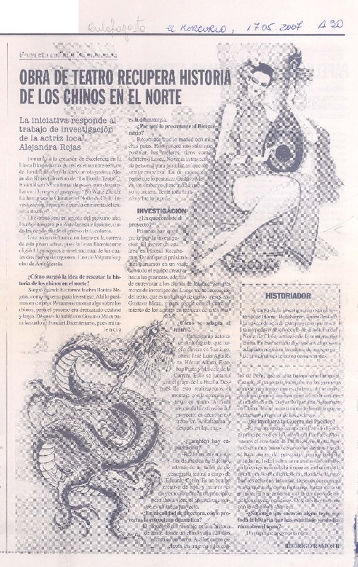 Obra de teatro recupera historia de los chinos en el norte  [artículo] Rodrigo Ramos B.