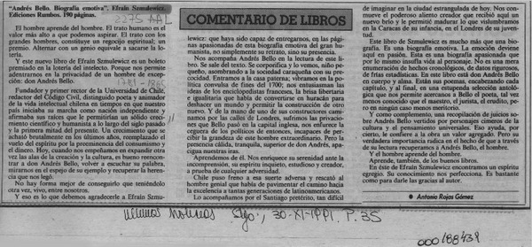 Andrés Bello, biografía emotiva  [artículo] Antonio Rojas Gómez.