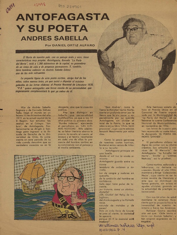 Antofagasta y su poeta  [artículo] Daniel Ortiz Alfaro.