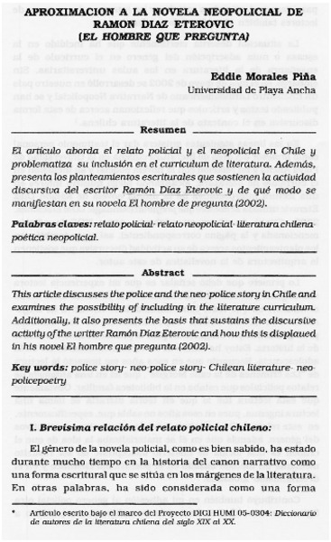 Aproximación a la novela neopolicial de Ramón Díaz Eterovic