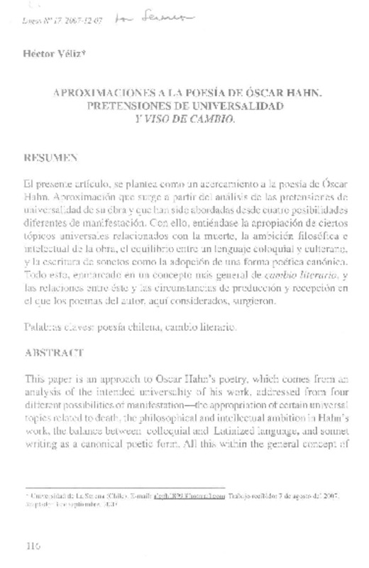 Aproximaciones a la poesía de Óscar Hahn.  [artículo] Héctor Véliz.