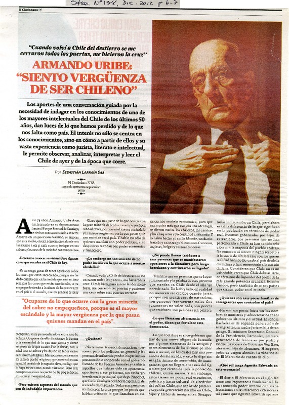 Armanso Uribe: "Siento vergúenza de ser chileno"  [artículo] Sebastián Larraín Saá
