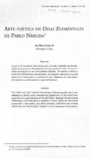 Arte poética en Odas elementales de Pablo Neruda