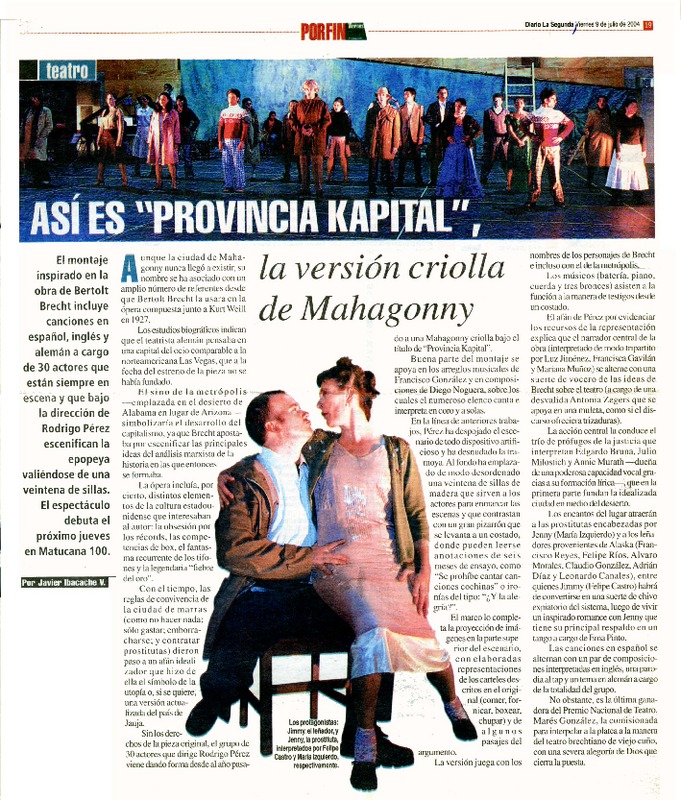 Así es "Provincia Kapital", la versión criolla de Mahagonny  [artículo] Javier Ibacache V.