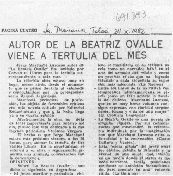 Autor de la Beatriz Ovalle viene a tertulia del mes.