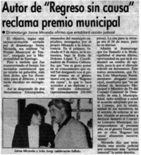 Autor de "Regreso sin causa" reclama premio municipal.