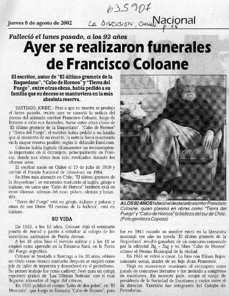 Ayer se realizaron funerales de Francisco Coloane  [artículo]