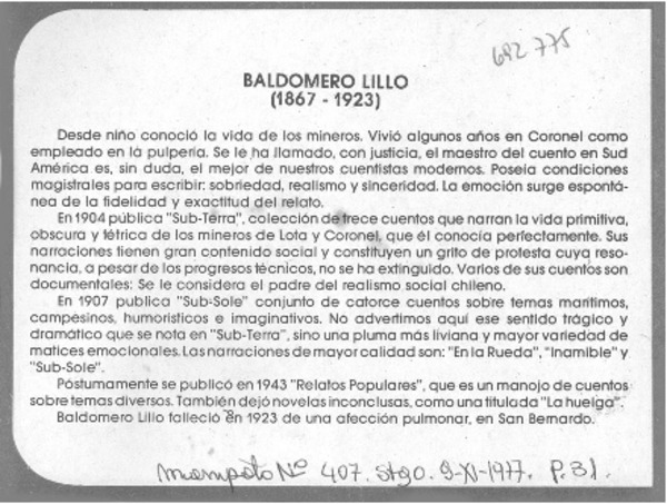 Baldomero Lillo (1867-1923).