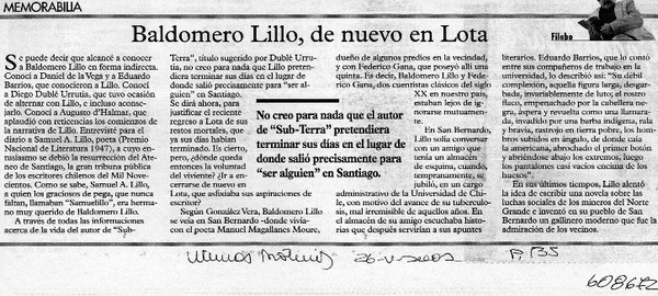 Baldomero Lillo, de nuevo en Lota  [artículo] Filebo