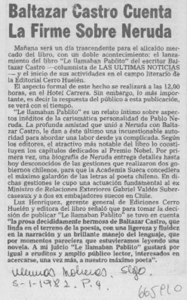 Baltazar Castro cuenta la firme sobre Neruda.