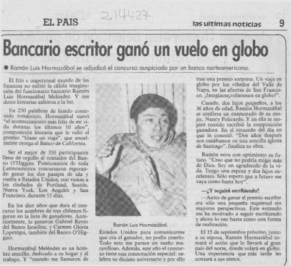 Bancario escritor ganó un vuelo en globo