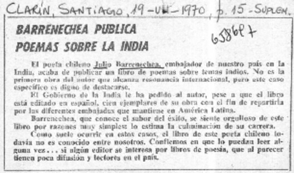 Barrenechea publica poemas sobre la India.  [artículo]