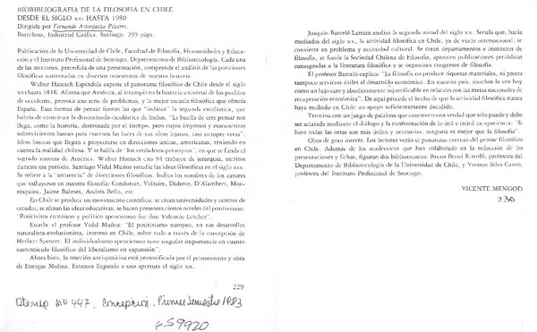 Biobibliografía de la filosofía en Chile  [artículo] Vicente Mengod.