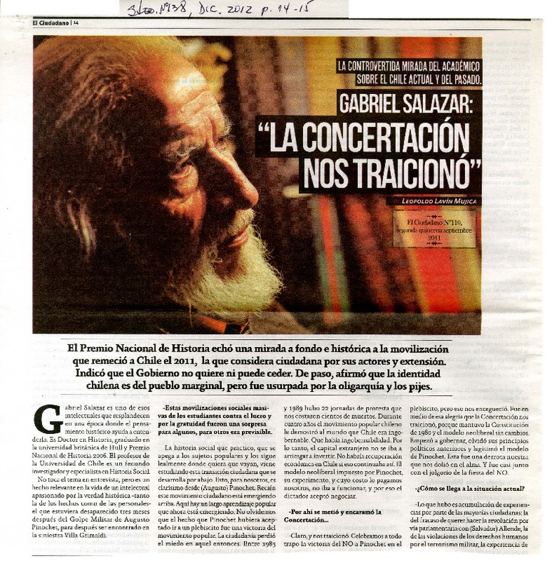 Gabriel Salazar: "La concertación nos traicionó"  [artículo]
