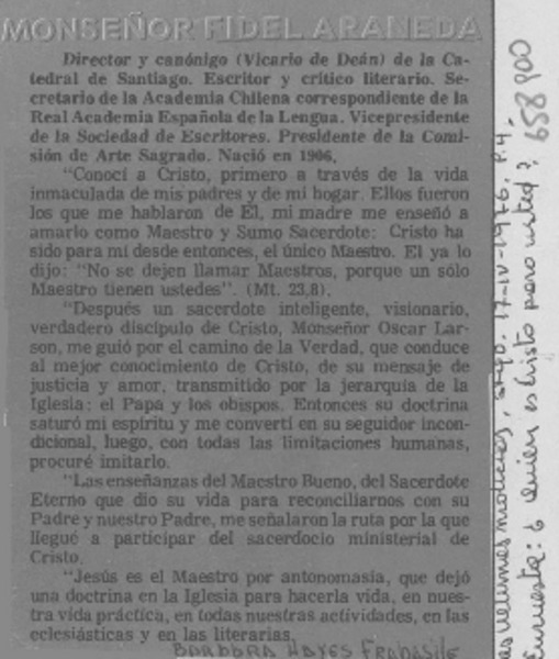¿Quién es Cristo para usted?, Monseñor Fidel Araneda [entrevista]