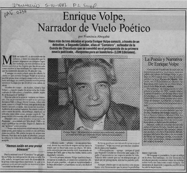Enrique Volpe, narrador de vuelo poético  [artículo] Francisca Abogabir.