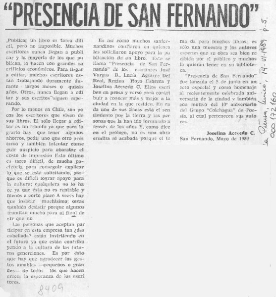 "Presencia de San Fernando"  [artículo] Josefina Acevedo C.