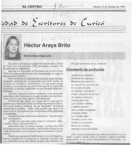 Héctor Araya Brito  [artículo] María Cristina Aliaga Luna.