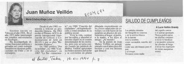 Juan Muñoz Veillón  [artículo] María Cristina Aliaga Luna.