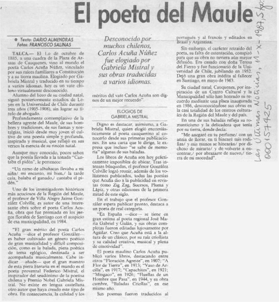 El poeta del Maule  [artículo] Darío Almendras.
