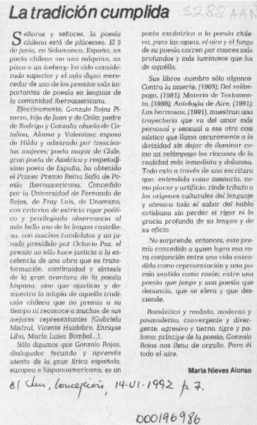 La tradición cumplida  [artículo] María Nieves Alonso.