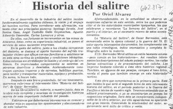 Historia del salitre  [artículo] Oriel Alvarez.