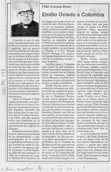 Emilio Oviedo a Colombia  [artículo] Fidel Araneda Bravo.