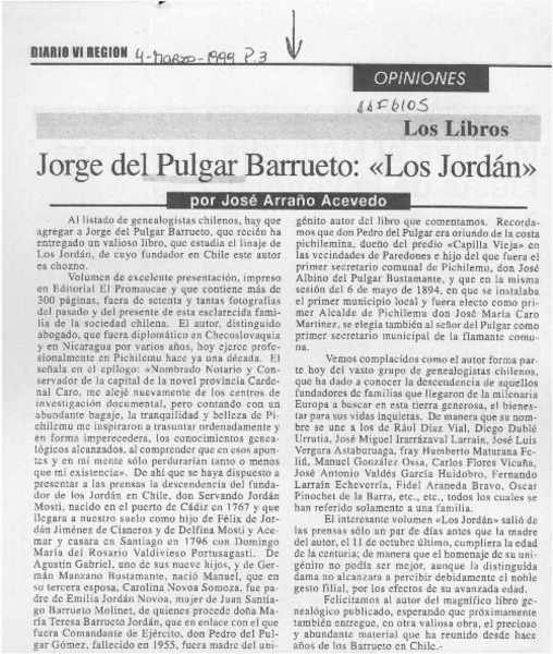 Jorge del Pulgar Barrueto, "Los Jordán"  [artículo] José Arraño Acevedo.