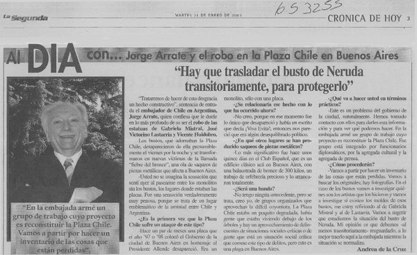 "Hay que trasladar el busto de Neruda transitoriamente, para protegerlo"  [artículo] Andrea de la Cruz