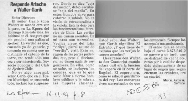 Responde Arteche a Walter Garib  [artículo] Miguel Arteche.