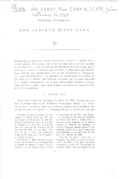 Don Alberto Blest Gana  [artículo] Eliodoro Astorquiza.