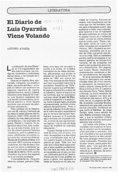 El Diario de Luis Oyarzún viene volando  [artículo] Antonio Avaria.