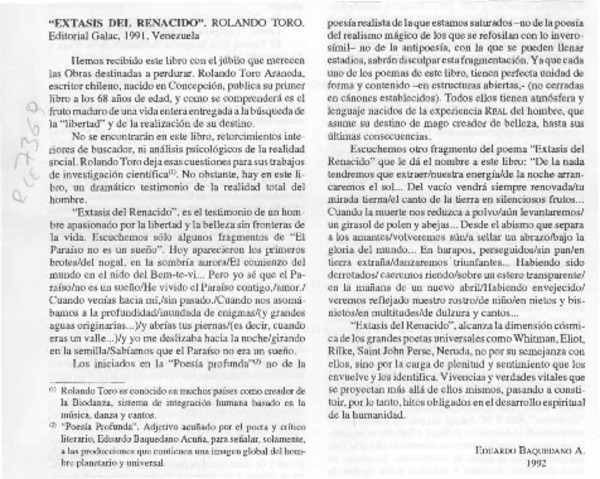 Extasis del renacido  [artículo] Eduardo Baquedano A.