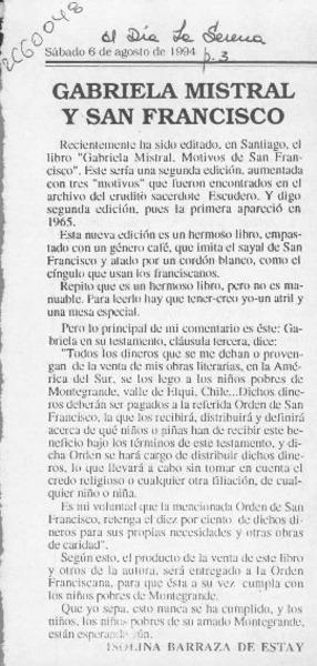 Gabriela Mistral y San Francisco  [artículo] Isolina Barraza de Estay.